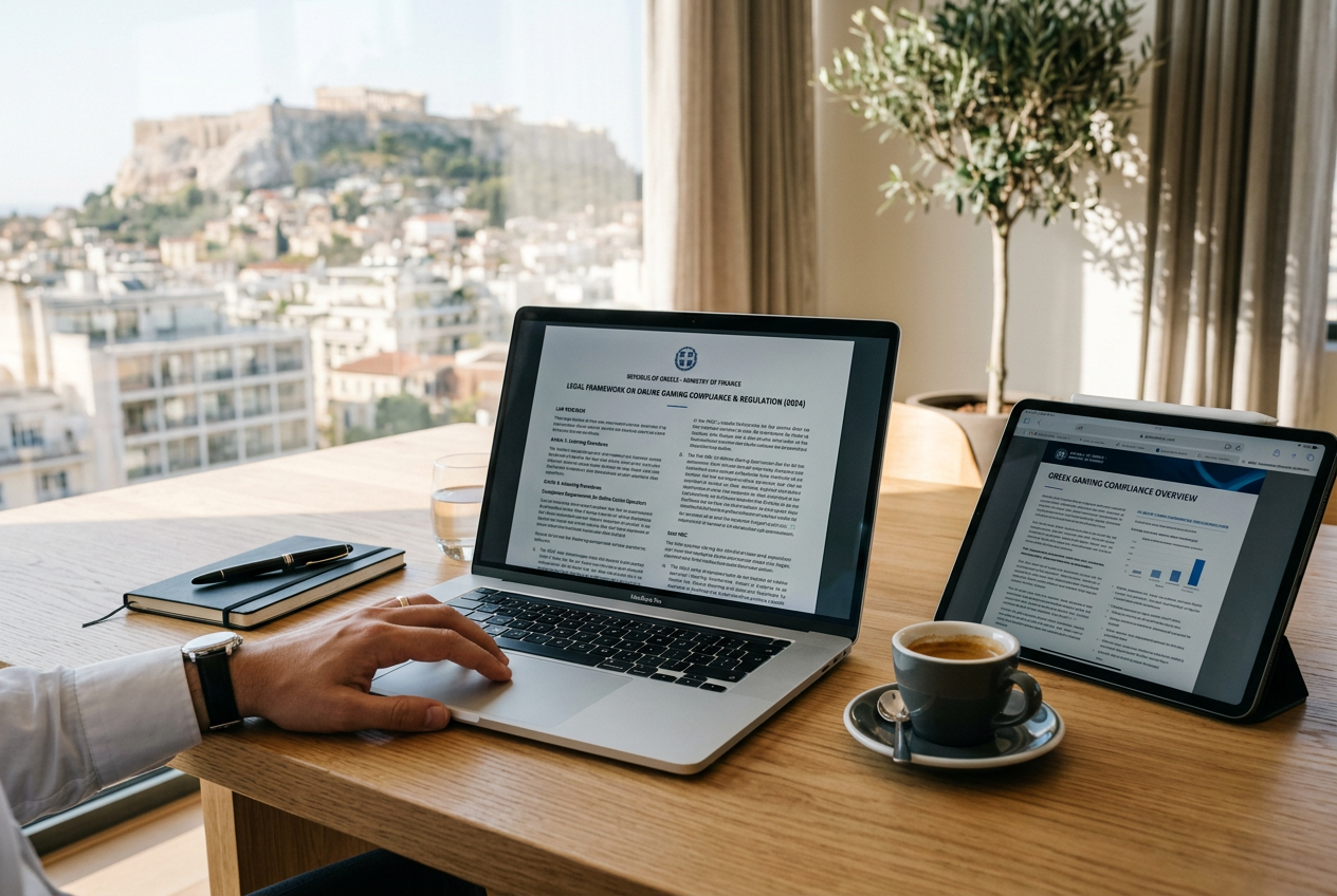 A laptop open on a desk showing legal and compliance text.